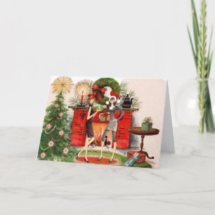 Fireplace Christmas Card with two women