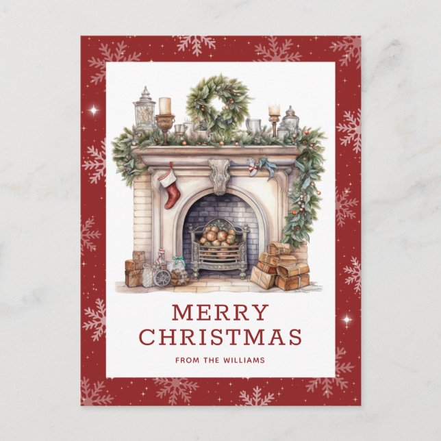 Fireplace Christmas Wreath Garland Snowflake Red Holiday Postcard (Front)