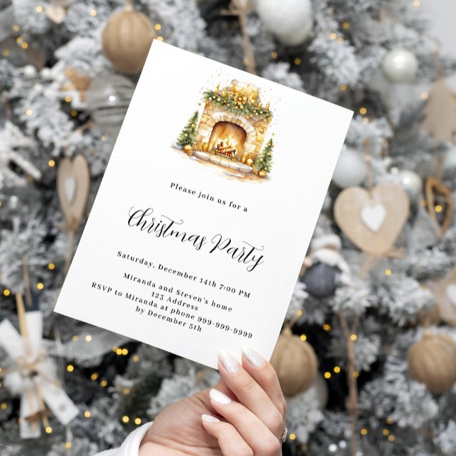 Fireplace cosy home tree luxury Christmas Party Invitation (Creator Uploaded)