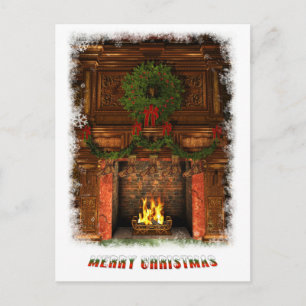 Fireplace decorated for Christmas Holiday Postcard