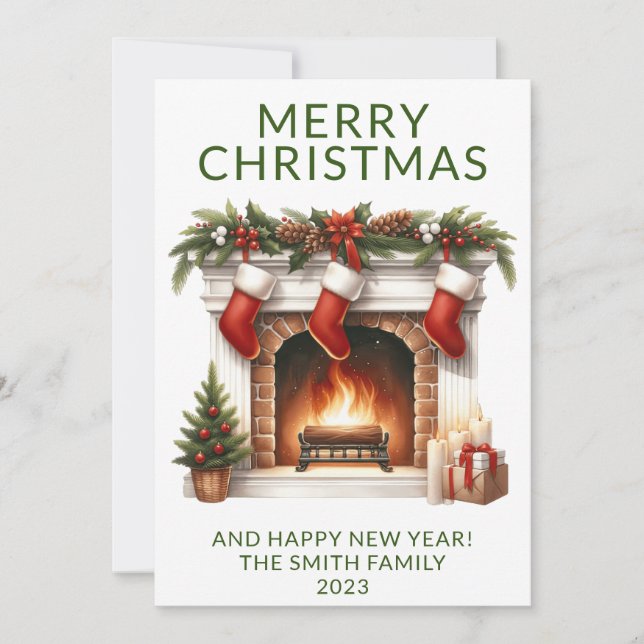 Fireplace Stockings Green Holiday Card (Front)