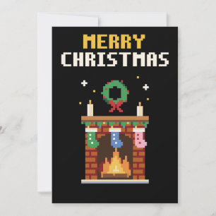 Fireplace Stockings Pixel Art Christmas Card