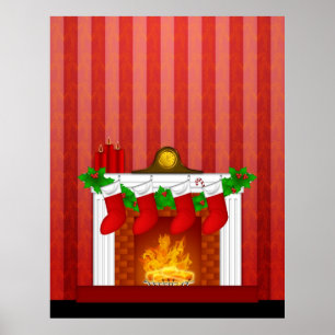 Fireplace with Christmas Decorations Red Wallpaper