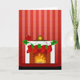 Fireplace with Christmas Decorations Red Wallpaper Holiday Card