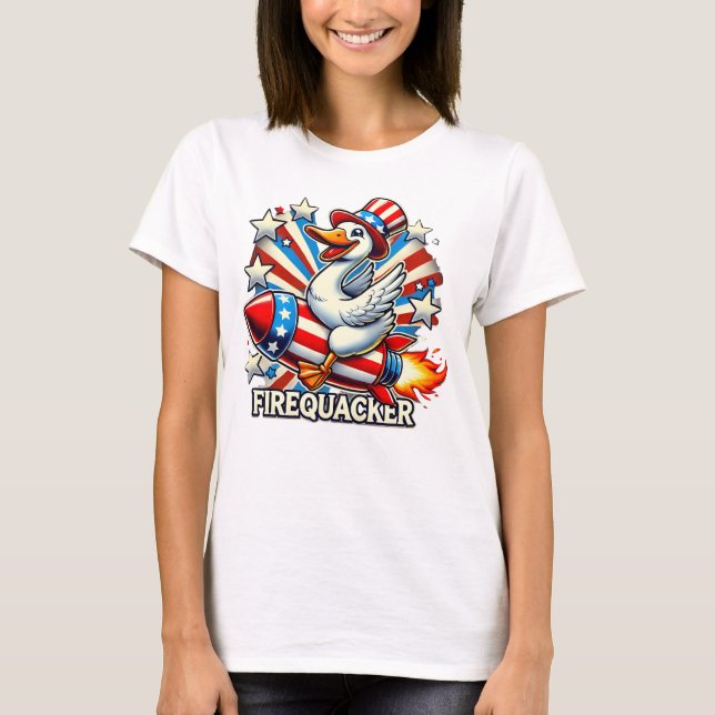 FIREQUACKER – Funny Patriotic Goose on a Rocket T- T-Shirt (Front)