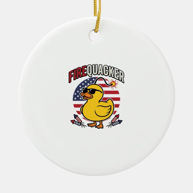 Firequacker Patriotic Duck Fireworks Vector Design Ceramic Tree Decoration (Front)