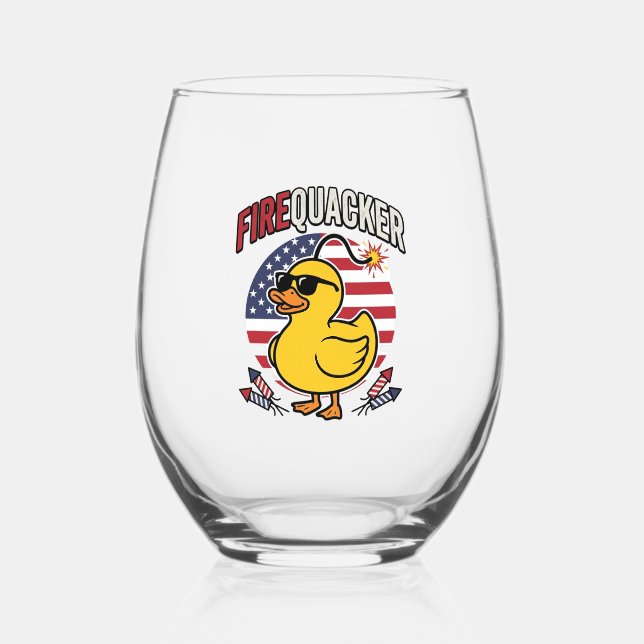 Firequacker Patriotic Duck Fireworks Vector Design Stemless Wine Glass (Front)
