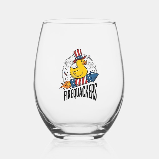 Firequackers Patriotic Duck Firework Shirt Design_ Stemless Wine Glass (Front)