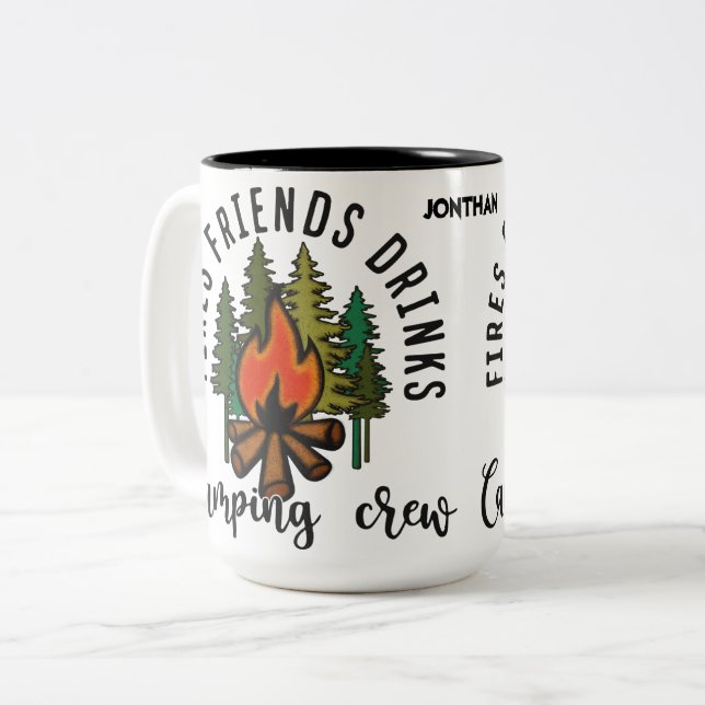 Fires, Friends, Drinks Camping Crew Two-Tone Coffee Mug (Front Left)