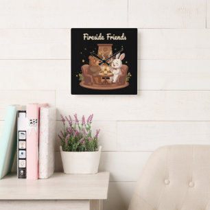 Fireside Friends Cute Bear and Rabbit Cosy Square Wall Clock