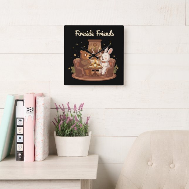 Fireside Friends Cute Bear and Rabbit Cosy  Square Wall Clock (Reading Room)