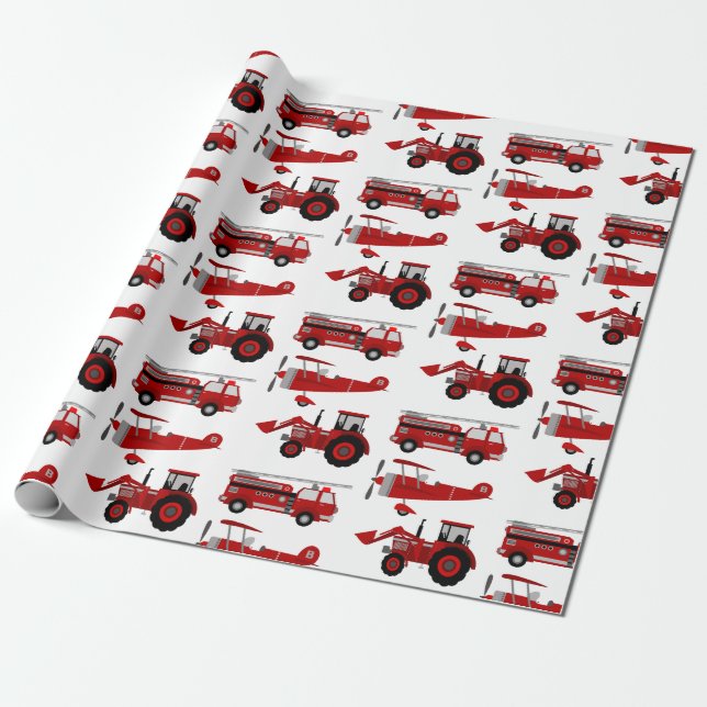 Firetruck, Aeroplane, Tractor Wrapping Paper (Unrolled)