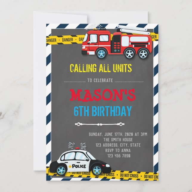 Firetruck and police birthday theme Invitation (Front)