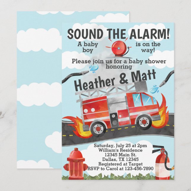 Firetruck Baby Shower Invitation, Fireman Invite (Front/Back)