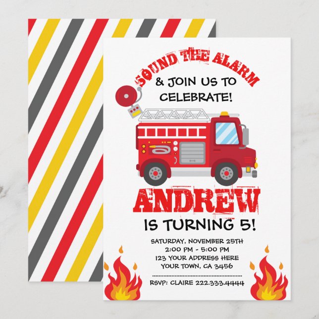Firetruck Birthday Invitation, Firefighter Invites (Front/Back)
