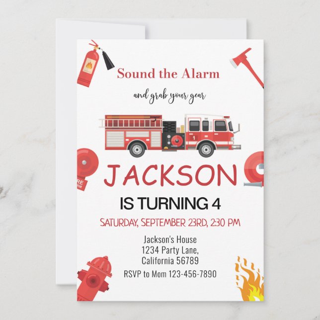Firetruck Birthday Invitation Fireman Invitation (Front)