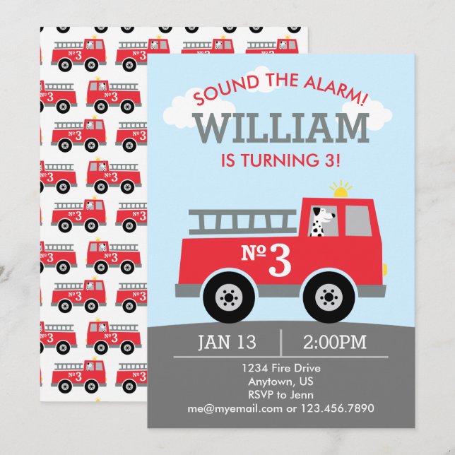 Firetruck Birthday Invitation Fireman Party (Front/Back)