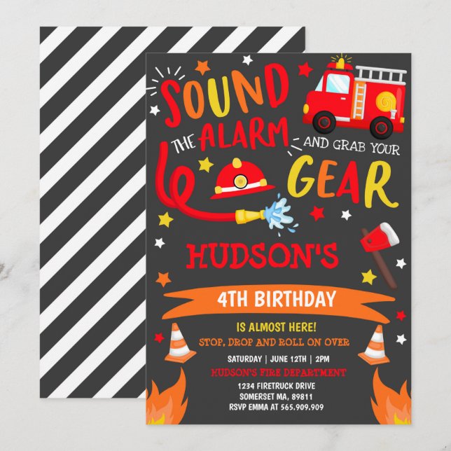 Firetruck Birthday Invitation Fireman Party (Front/Back)