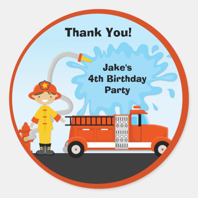 Firetruck Birthday Party Favour Stickers (Front)