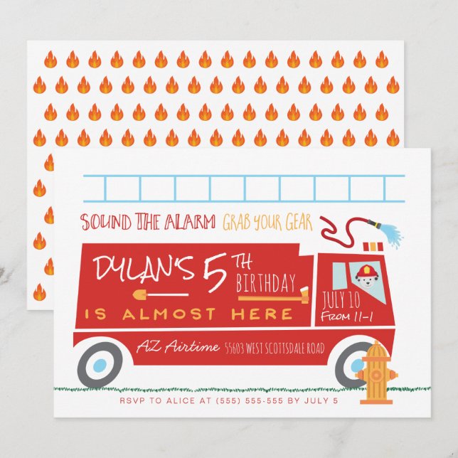 Firetruck Birthday Party Invitation (Front/Back)