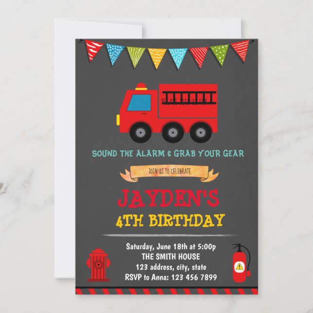 Firetruck birthday party invitation (Front)