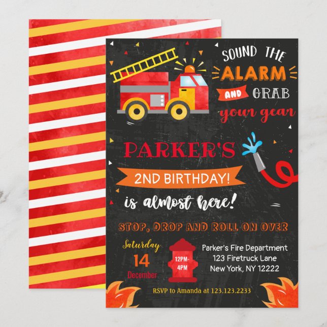 Firetruck Birthday Party invitations (Front/Back)