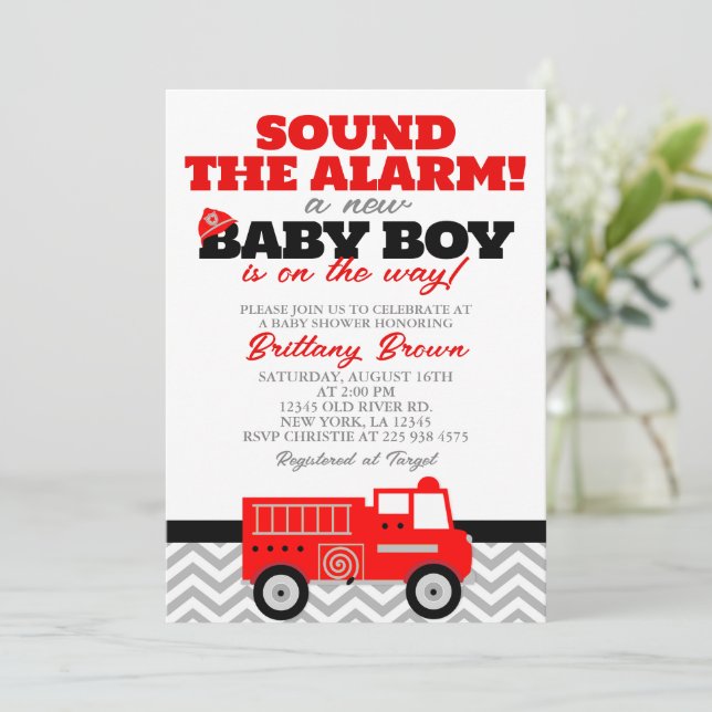 Firetruck Boy Baby Shower Invitation (Standing Front)