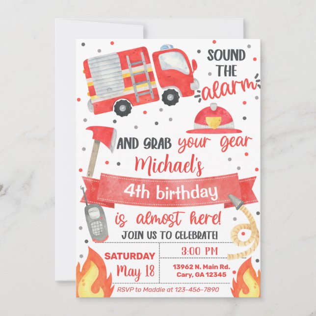Firetruck boy birthday invitation, fireman. invitation (Front)