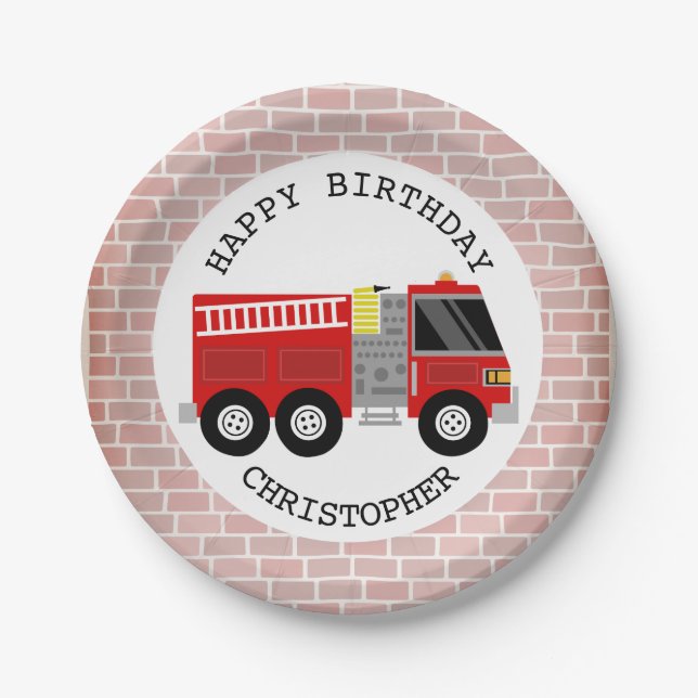 Firetruck + Bricks Firefighter Birthday Party Paper Plate (Front)