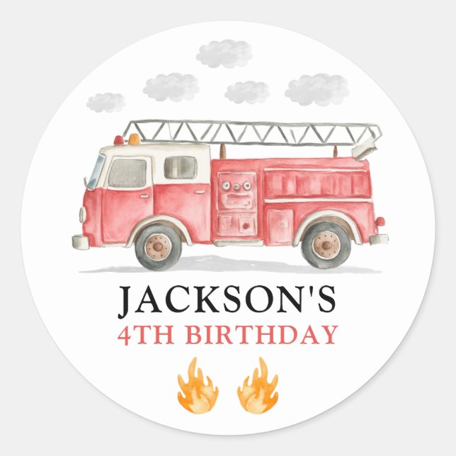 Firetruck Calling All Firefigthers Boy Birthday Classic Round Sticker (Front)