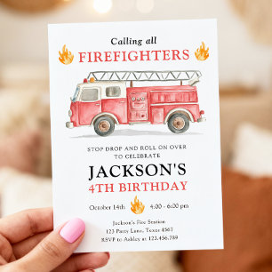 Firetruck Calling All Firefigthers Boy Birthday Invitation
