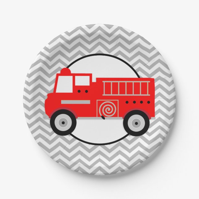 Firetruck Chevron Party Paper Plate (Front)