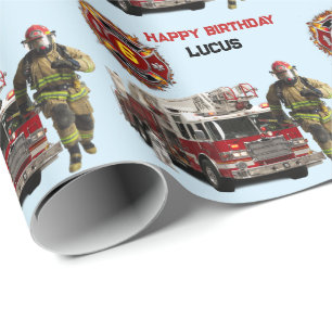 Firetruck Child's Name & Age Fireman Running Fun Wrapping Paper
