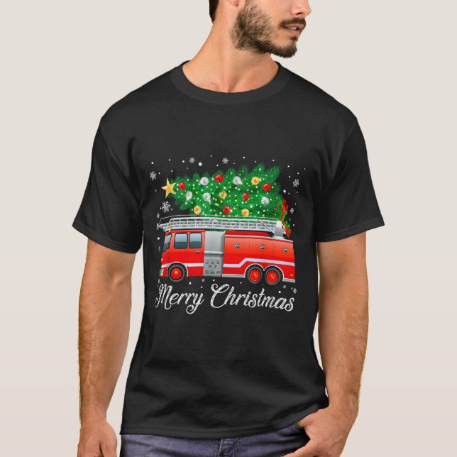 Firetruck Christmas Tree Funny Xmas Pajamas Firefi T-Shirt (Front)