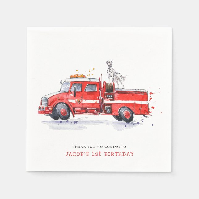 Firetruck & Dalmatian | Firefighter Kids Birthday Napkin (Front)