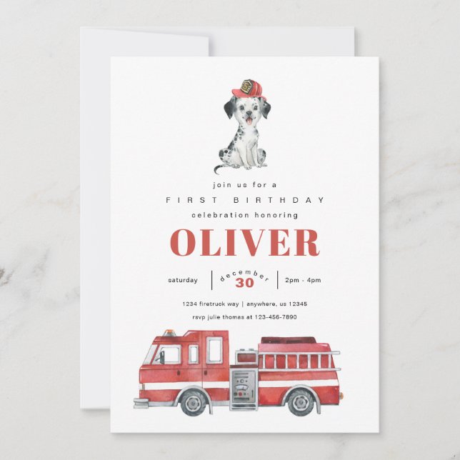 Firetruck Firefighter Birthday Party Invitation  (Front)