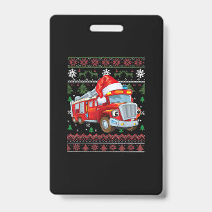 Firetruck Firefighter Christmas Cute Boy Santa Hat ID Badge