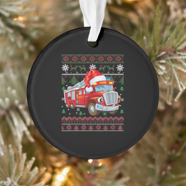 Firetruck Firefighter Christmas Cute Boy Santa Hat Ornament (Tree)
