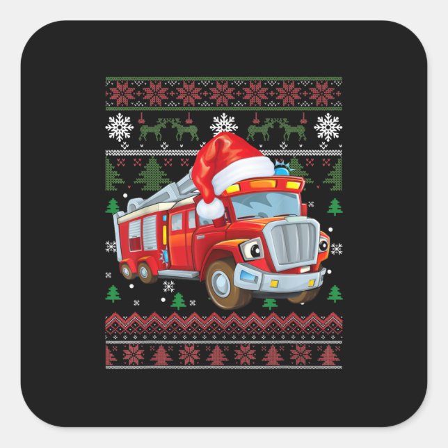 Firetruck Firefighter Christmas Cute Boy Santa Hat Square Sticker (Front)
