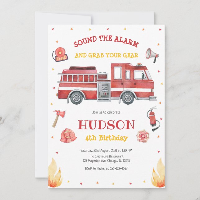 Firetruck Firefighter Kids Birthday Invitation (Front)
