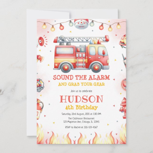 Firetruck Firefighter Kids Birthday Invitation (Front)