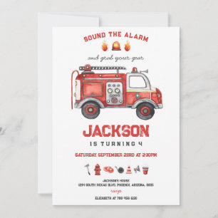 Firetruck Firefighter Kids Birthday Invitation