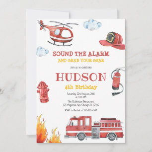 Firetruck Firefighter Kids Birthday Invitation