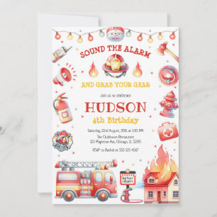 Firetruck Firefighter Kids Birthday Invitation