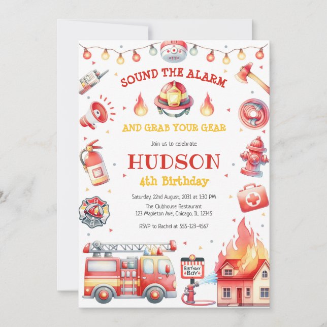 Firetruck Firefighter Kids Birthday Invitation (Front)