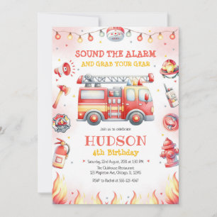 Firetruck Firefighter Kids Birthday Invitation