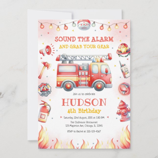 Firetruck Firefighter Kids Birthday Invitation (Front)