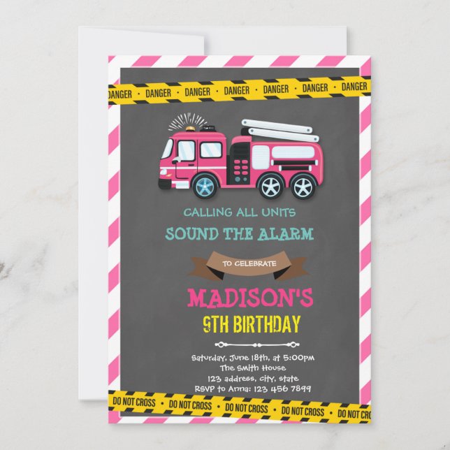 Firetruck girl birthday party invitation (Front)