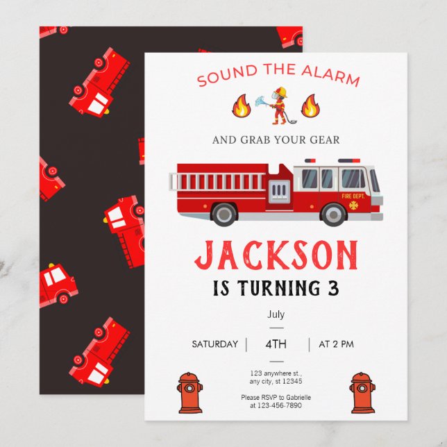 Firetruck Invitation, Fire truck Birthday Invitation (Front/Back)