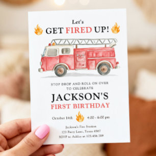 Firetruck Let's Get Fired Up Boy First Birthday Invitation